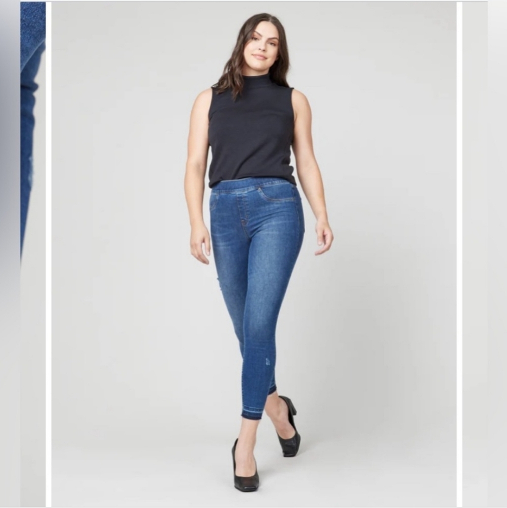 Spanx Distressed Ankle Skinny Jeans Pull On Blue size Large